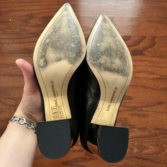 Karl Lagerfeld Black Leather Shoes with Block Gold Heels, 7.5 - Picture 7 of 7